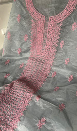 将图像加载到图库查看器中, Lakhnavi 手工制作的欧根纱 Chikankari 未缝合 Kurti 面料 - Honc0133588