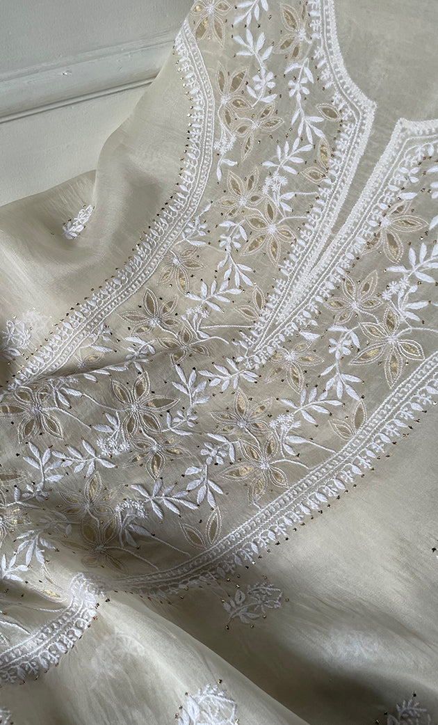 Women's Lakhnavi Handcrafted Pure Organza Chikankari Unstitched Kurta And Dupatta Set- HONC0320499