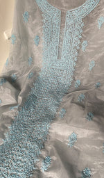 将图像加载到图库查看器中, Women's Lakhnavi Handcrafted Organza Chikankari Unstitched Kurti Fabric - HONC0138396