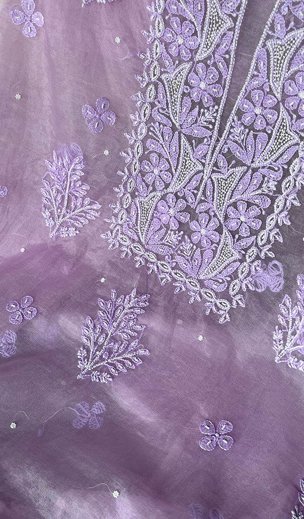 Women's Lakhnavi Handcrafted Organza Chikankari Unstitched Full Suit Material - HONC0271222