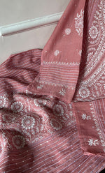 Load image into Gallery viewer, Women's Lakhnavi Handcrafted Mul Chanderi Chikankari Semi - Stitched Kurta Dupatta Set - HONC0301238