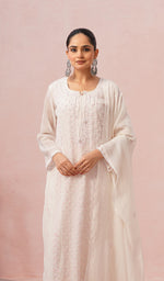 Load image into Gallery viewer, Saziya Women's Lakhnavi Handcrafted Mul Chanderi Chikankari Stitched Kurta, Dupatta And Pant Set - HONC01327945