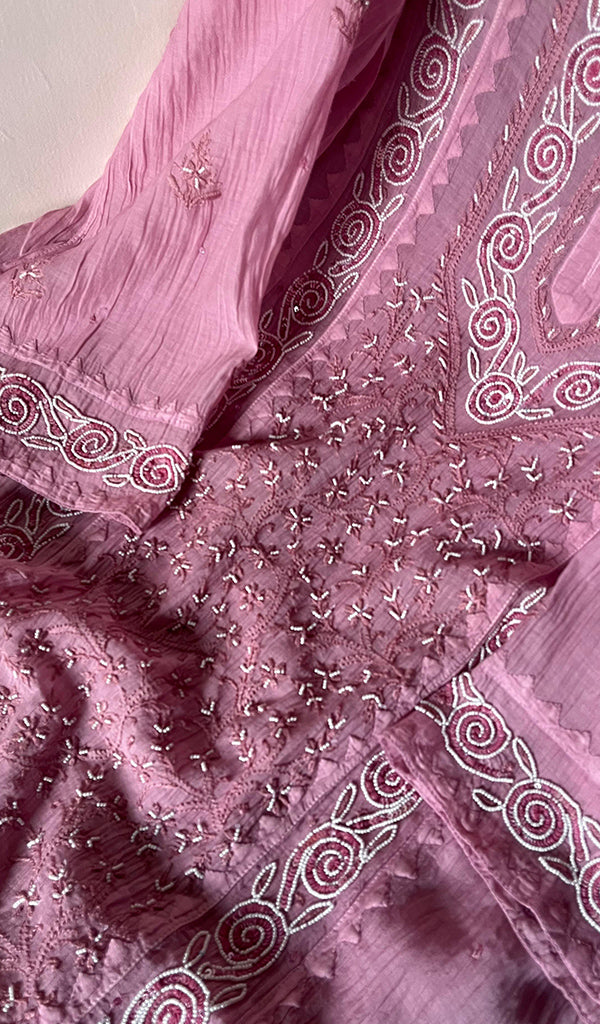 Aaliyah Women's Lakhnavi Handcrafted Mul Chanderi Semi - Stitched Kurta And Dupatta Set - HONC0253630