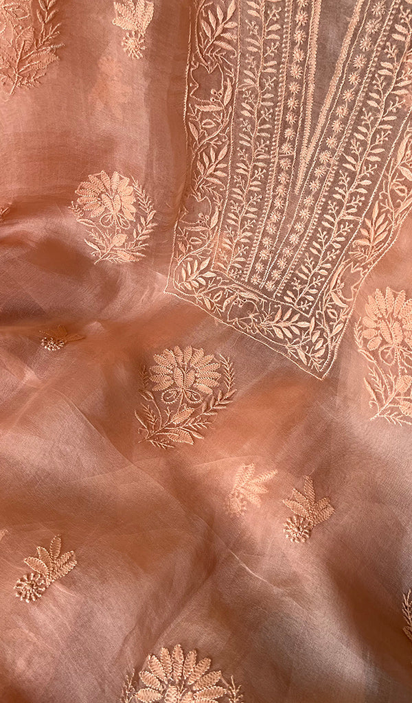 Women's Lakhnavi Handcrafted Pure Organza Chikankari Unstitched Kurta And Dupatta Set- HONC0266188