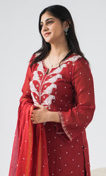 Load image into Gallery viewer, Women's Lakhnavi Handcrafted Mul Chanderi Chikankari Stitched Kurta, Dupatta And Pant Set - HONC0320723