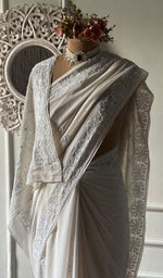 Load image into Gallery viewer, Women's Lakhnavi Handcrafted Pure Silk Georgette Chikankari Saree- HONC0325906
