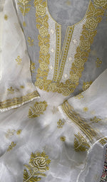 Load image into Gallery viewer, Women's Lakhnavi Handcrafted Pure Organza Chikankari Semi - Stitched Kurta And Dupatta Set- HONC0341493