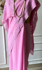 Load image into Gallery viewer, Women's Lakhnavi Handcrafted Viscose Georgette Chikankari Saree - HONC0307136