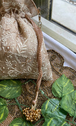 Load image into Gallery viewer, Handcrafted Beige Chikankari Embroidered Potli Bag – 9 x 8 Inches - HONC0308901