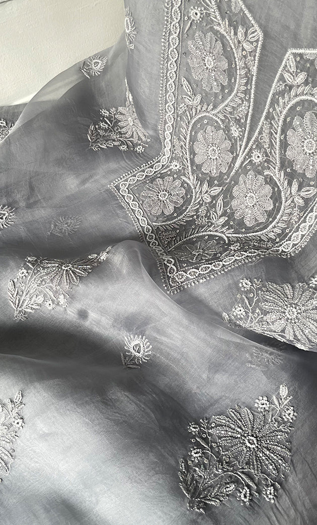 Women's Lakhnavi Handcrafted Pure Organza Chikankari Unstitched Kurta And Dupatta Set- HONC0314169