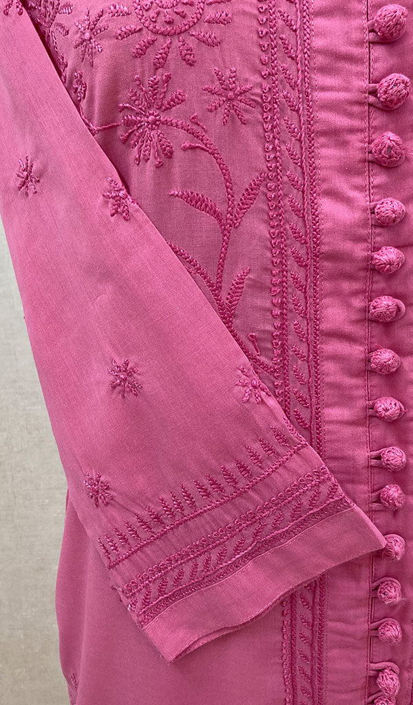 Women's Lakhnavi Handcrafted Dark Pink Cotton Chikankari Kurti - NC068817