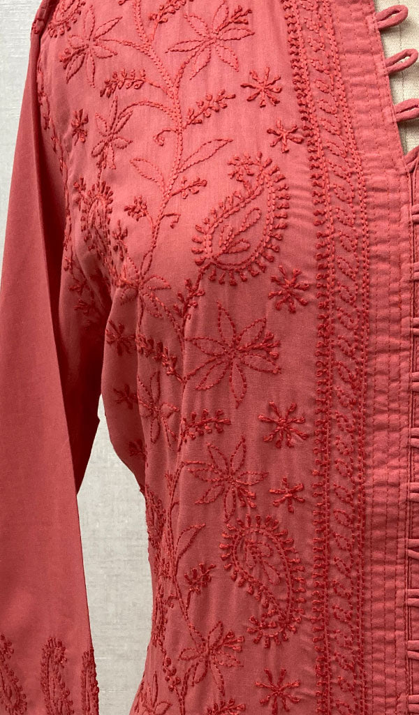 Women's Lucknowi Handcrafted Dark Pink Cotton Chikankari Kurti - NC068833