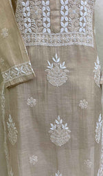 Load image into Gallery viewer, Women's Lakhnavi Handcrafted Beige Tissue Chanderi Chikankari Kurti - HONC027518