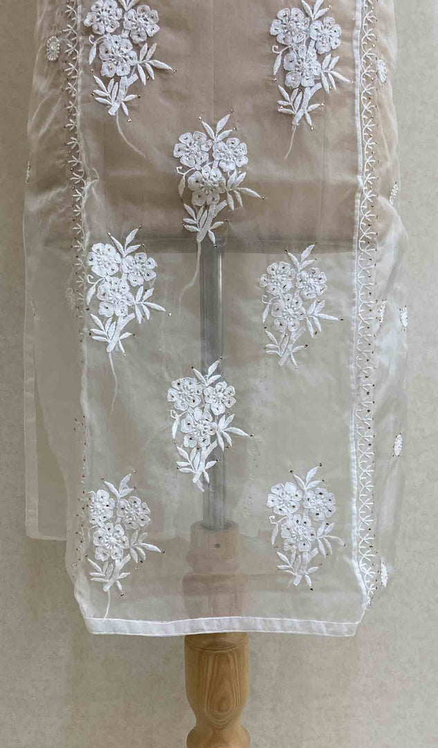 Women's Lakhnavi Handcrafted White Organza Chikankari Kurti - HONC029496