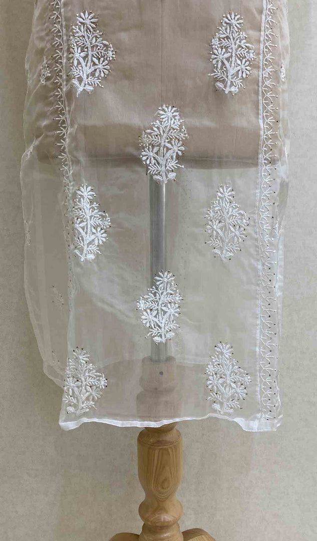 Women's Lakhnavi Handcrafted White Organza Chikankari Kurti - HONC029498