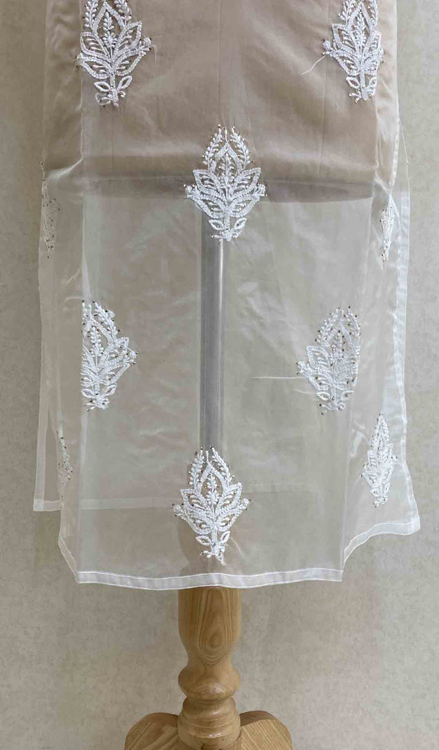 Women's Lakhnavi Handcrafted White Organza Chikankari Kurti - HONC029495