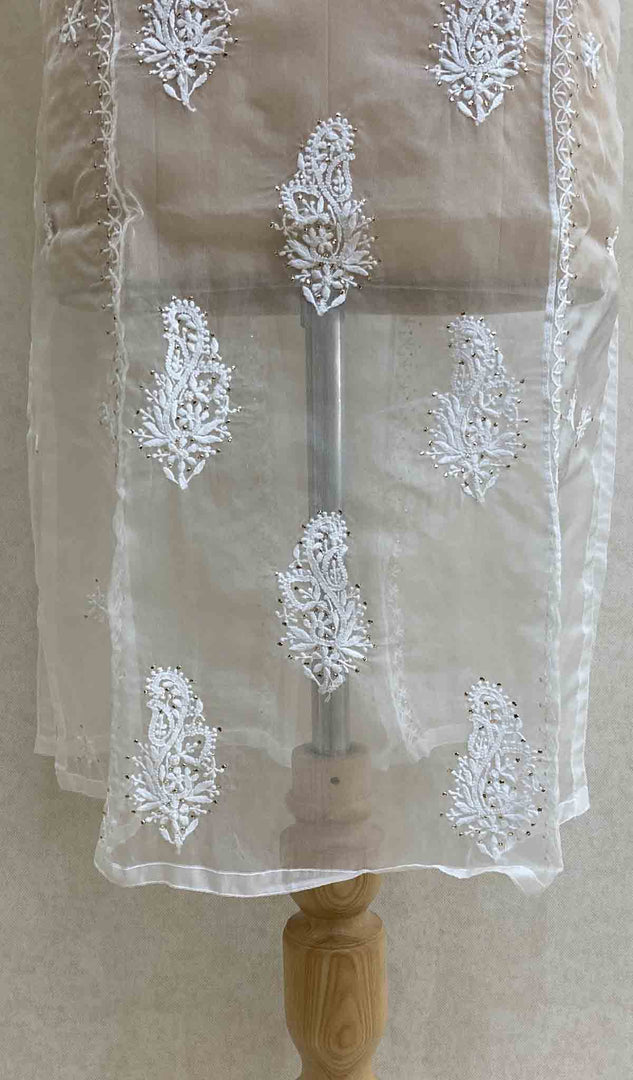 Women's Lakhnavi Handcrafted White Organza Chikankari Kurti - HONC029504