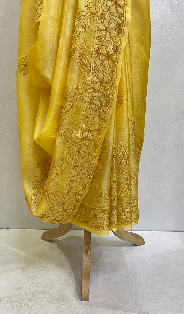 Women's Lakhnavi Handcrafted Tussar Silk Chikankari Saree - HONC077698