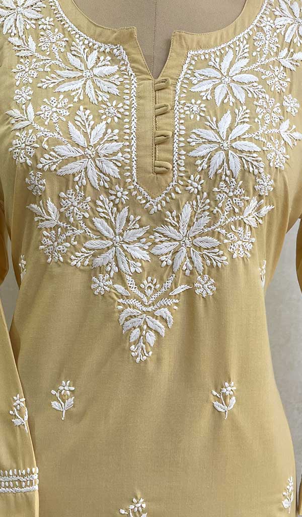 Lucknowi 手工制作的 Chikankari 棉质上衣 - HONC091544