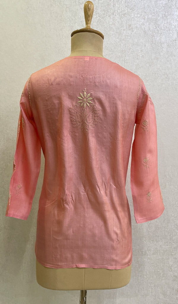 Lakhnavi 手工丝绸 Chikankari 上衣 - HONC0118656