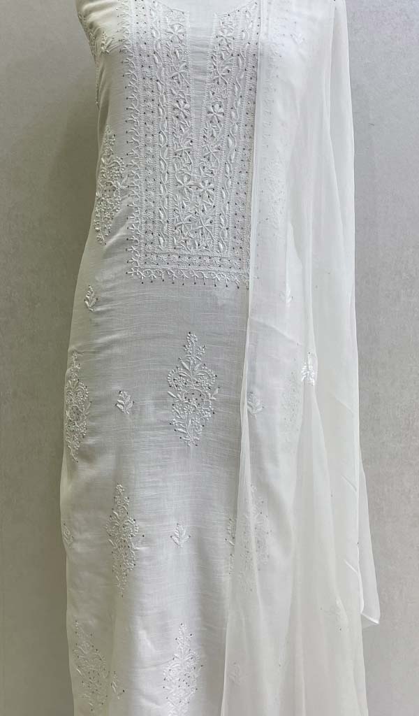 Women's Lakhnavi Handcrafted Linen Cotton Chikankari Kurta  And  Chiffon Dupatta Set- Honc060664