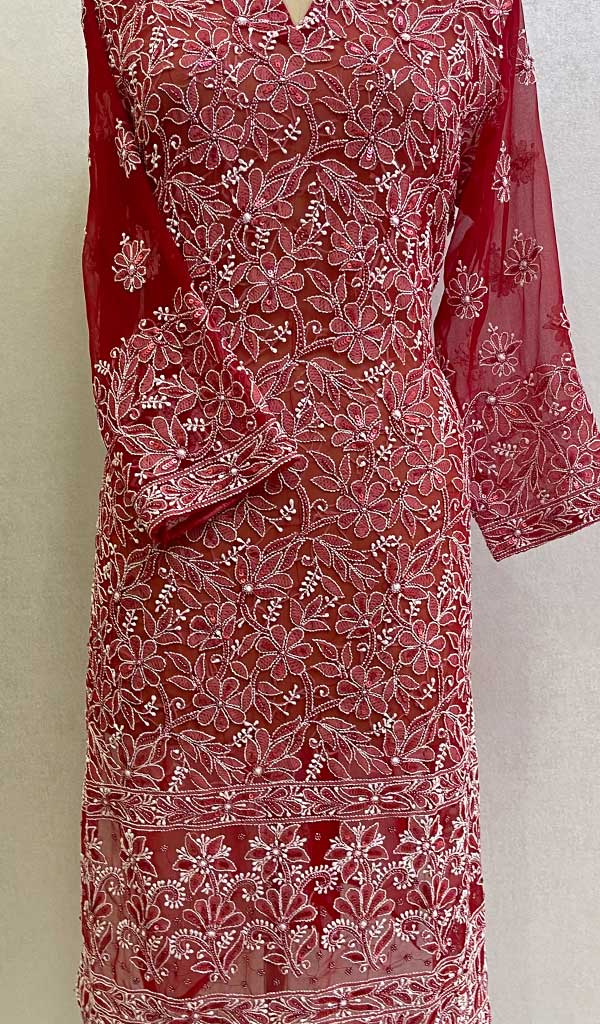 Lucknowi 手工制作的人造乔其纱 Chikankari Kurti - HONC078882