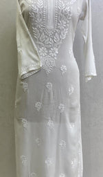 将图像加载到图库查看器中, 勒克瑙手工制作的人造丝 Chikankari Kurti - HONC077804