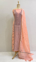 将图像加载到图库查看器中, Women's Lakhnavi Handcrafted Chanderi Silk Chikankari Full Suit Material - HONC0127259