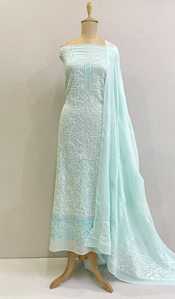 Women's Lakhnavi Handcrafted Pure Silk Georgette Chikankari Kurta  And Dupatta Set-HONC0146030