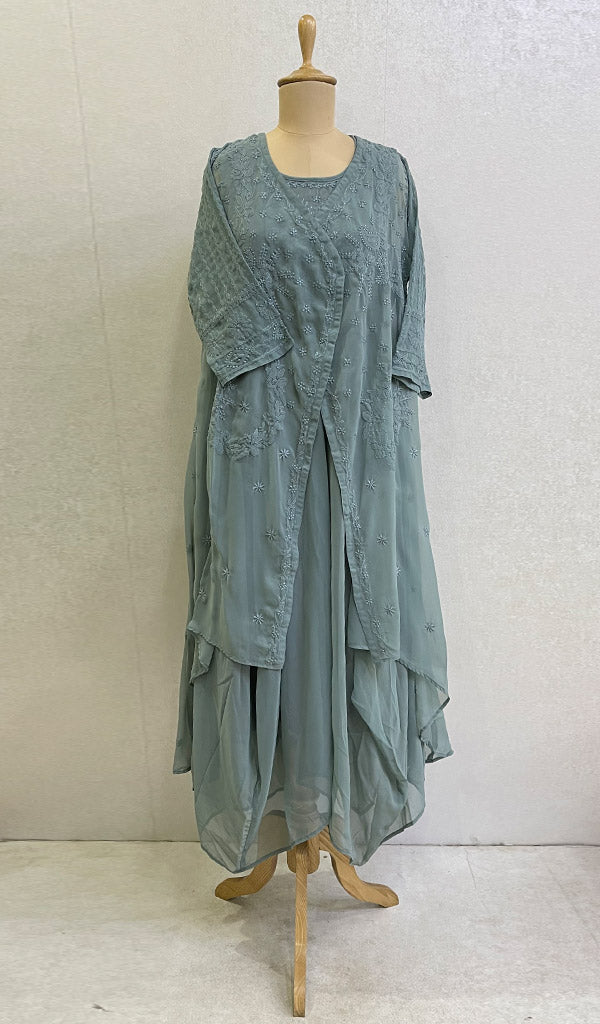 Haaya Women's Lakhnavi Handcrafted Faux-Georgette Chikankari Shrug and Dress Set - HONC0137241