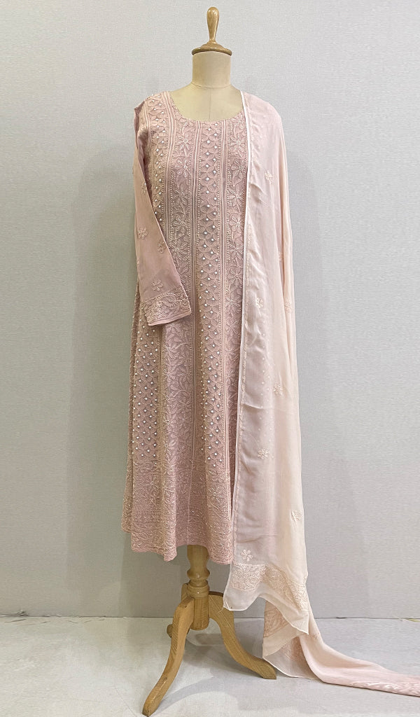 Lucknowi Handcrafted Viscose Georgette Chikankari Unstitched Men's Kurta Fabric - HONC0282441`