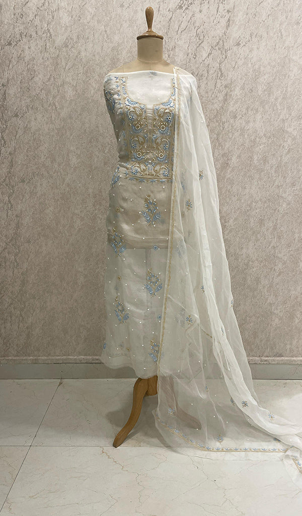 Women's Lakhnavi Handcrafted Pure Organza Chikankari Unstitched Kurta And Dupatta Set- HONC0283105
