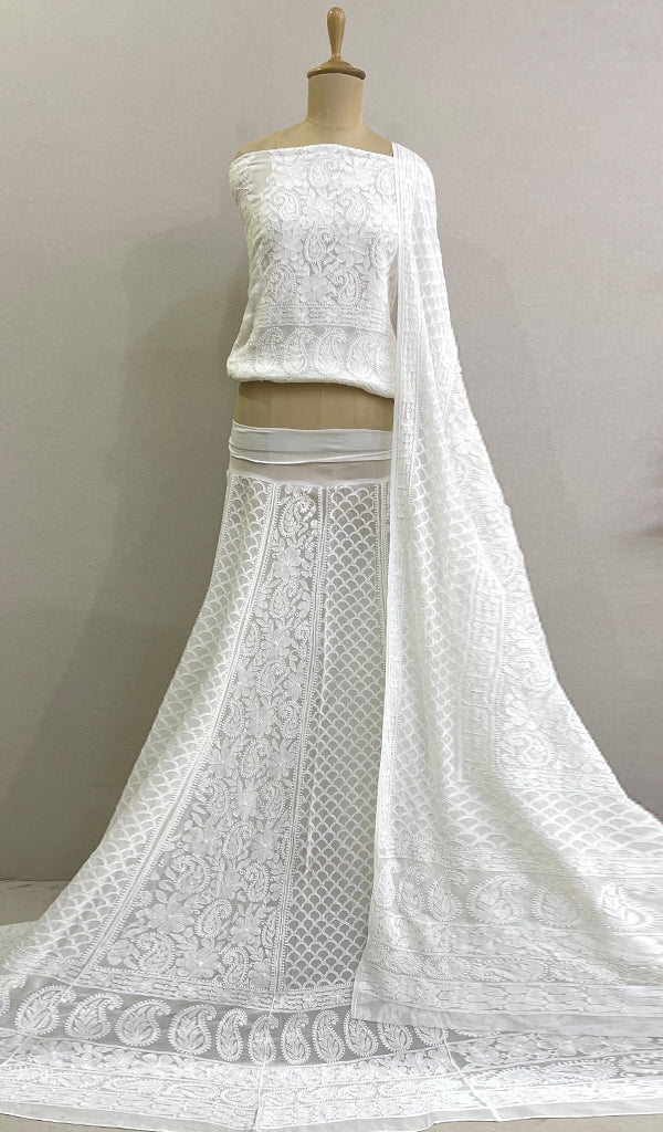 Women's Lakhnavi Handcrafted Bridal Viscose Georgette Chikankari Lehenga Set - HONC0194938