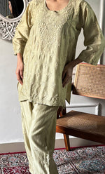 Load image into Gallery viewer, Imara Women's Lakhnavi Handcrafted Chanderi Silk Chikankari Top And Pant Set - HONC0340438