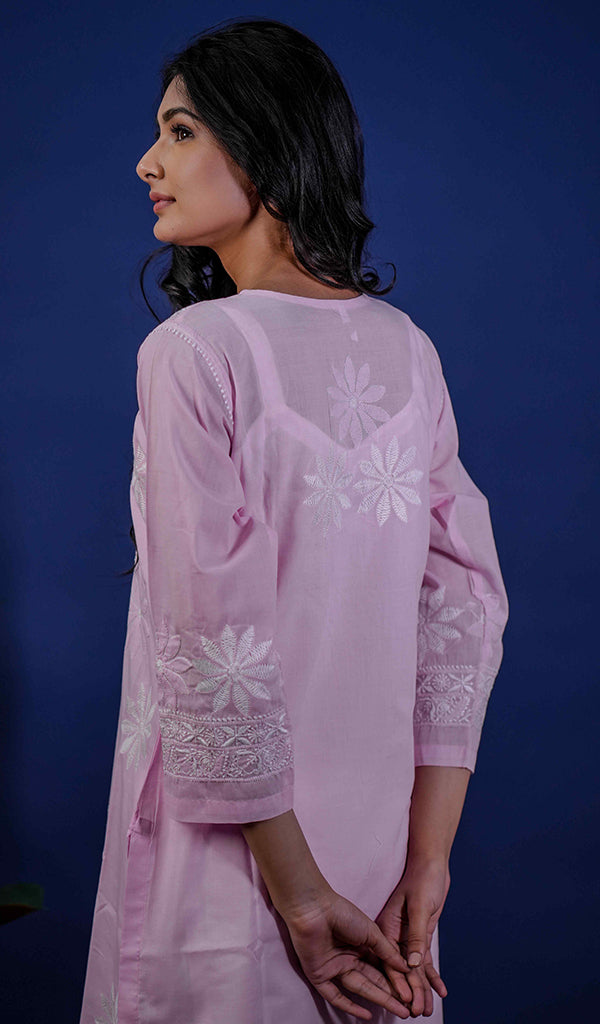 Pink Women's Lucknowi Handcrafted Cotton Chikankari Kurti
