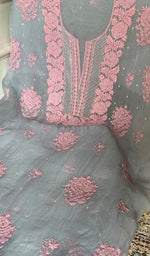 Load image into Gallery viewer, Women's Lakhnavi Handcrafted Pure Organza Chikankari Unstitched Kurta And Dupatta Set- HONC0361457