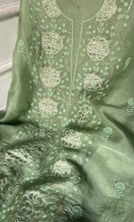 将图像加载到图库查看器中, Mainaaj Women's Lakhnavi Handcrafted Pure Organza Chikankari Unstitched Kurta And Dupatta Set - HONC0330934