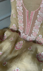 Load image into Gallery viewer, Rose Women's Lakhnavi Handcrafted Pure Organza Chikankari Unstitched Kurta And Dupatta Set- HONC0310180