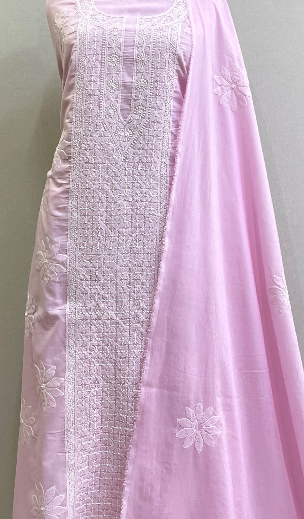 Pink Women's Lakhnavi Handcrafted Cotton Chikankari Full Suit Material