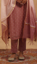 Load image into Gallery viewer, Jazba Women's Lakhnavi Handcrafted Mul Chanderi Chikankari Stitched Kurta, Dupatta And Pant Set - HONC0565945