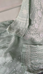 Load image into Gallery viewer, Basma Women's Lucknowi Handcrafted Mul Chanderi Semi - stitched Chikankari Anarkali Full Set - HONC0355636
