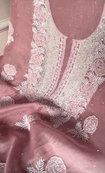 Load image into Gallery viewer, Rose Women's Lakhnavi Handcrafted Pure Organza Chikankari Unstitched Kurta And Dupatta Set- HONC0292518