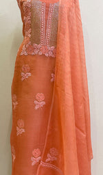 Load image into Gallery viewer, Rose Women's Lakhnavi Handcrafted Pure Organza Chikankari Unstitched Kurta And Dupatta Set- HONC0174063