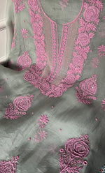 将图像加载到图库查看器中, Gulaab Women's Lakhnavi Handcrafted Pure Organza Chikankari Unstitched Kurta And Dupatta Set - HONC0311847