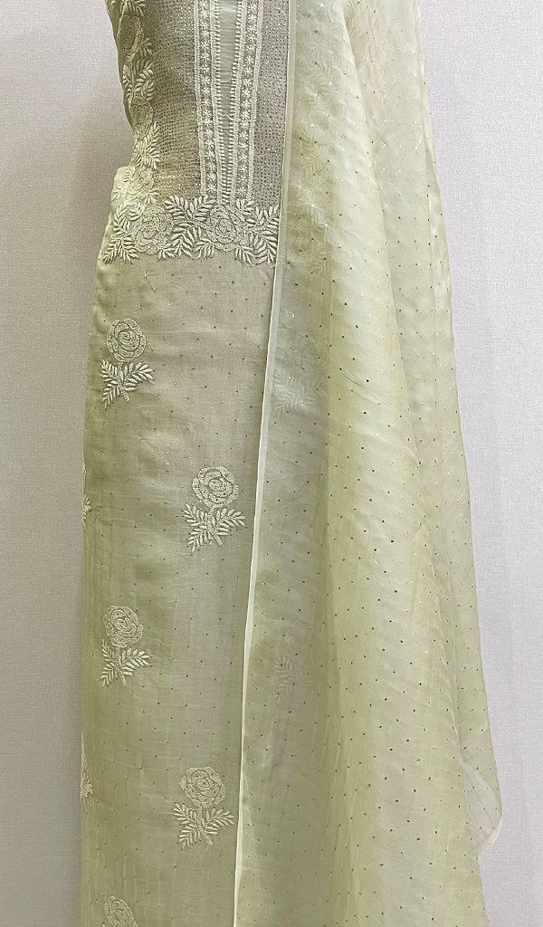 Rose Women's Lakhnavi Handcrafted Pure Organza Chikankari Unstitched Kurta And Dupatta Set- HONC0168389