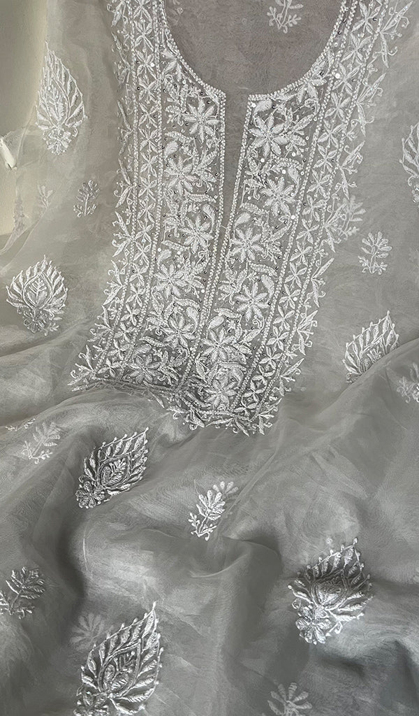 Women's Lakhnavi Handcrafted Organza Chikankari Unstitched Kurta And Dupatta Set- HONC0249868