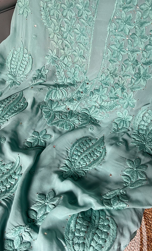 Lucknowi Handcrafted Viscose Georgette Chikankari Unstitched Men's Kurta Fabric - HONC0282445