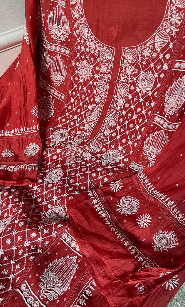 Women's Lakhnavi Handcrafted Mul Chanderi Semi - Stitched Kurta And Dupatta Set - HONC0282233