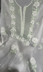 Load image into Gallery viewer, Women's Lakhnavi Handcrafted Pure Organza Chikankari Unstitched Kurta And Dupatta Set- HONC0297175