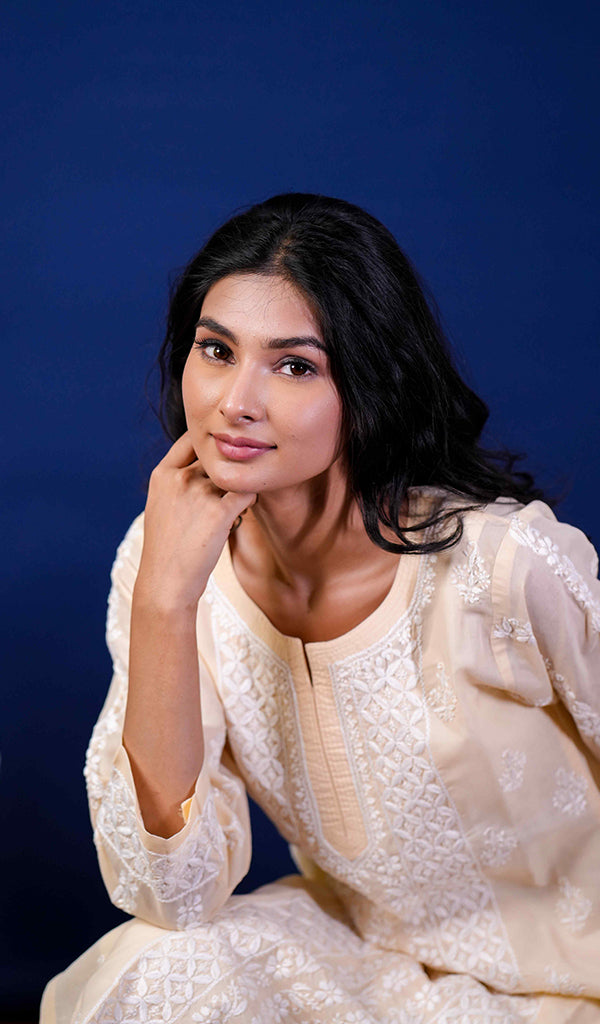 Jubina Women's Lucknowi Handcrafted Cotton Chikankari Kurti - HONC0164307